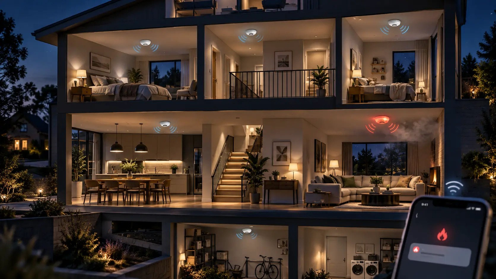 wireless smoke detector in multistorey home