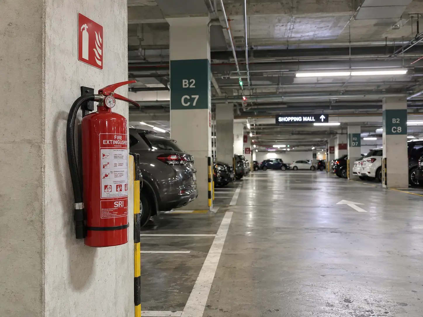 fire extinguisher in basement parking of the shopping mall